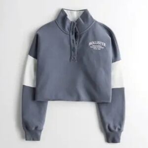 Hollister Blue Gray 3/4 Button Up Cropped Stripe Sweater